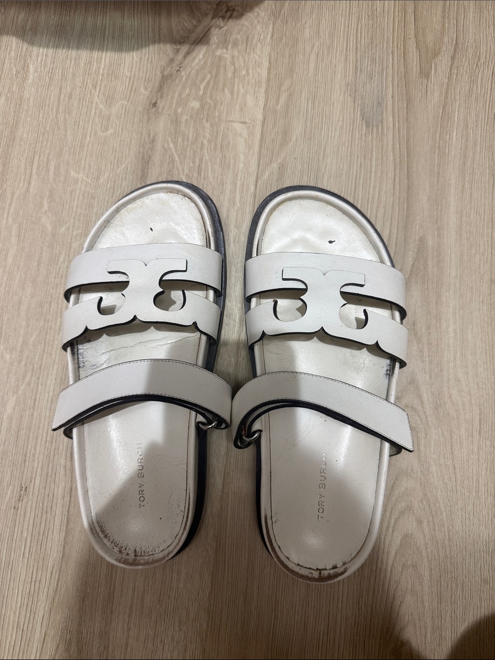 Tory Burch White Leather Double-Strap Logo Slide Sandals